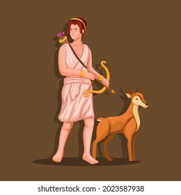 The Greek Goddess Artemis holding bow with deer figure. Greek Mythology character concept illustration vector