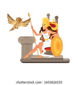 Greek Goddess Athena With Shield And Spear Sit On Throne. Owl Symbol Of Wisdom Sitting On Stone Pillar. Athena Pallas Daughter Of Zeus, Heroic Person Of Myths Cartoon Flat Vector Illustration, Banner