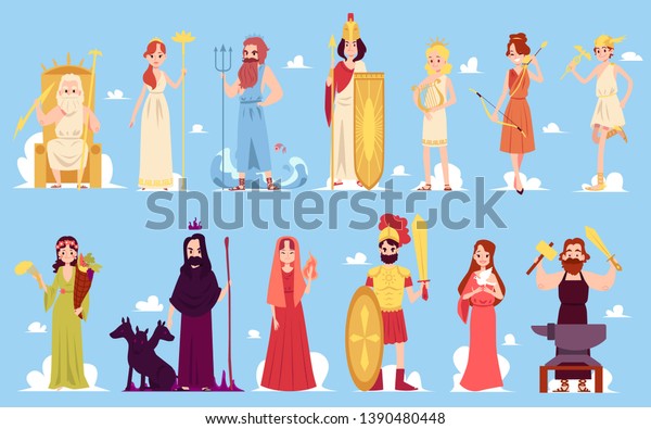 Greek\
goddess characters of ancient Hellenic and Roman legends and\
mythology set of flat vector icon illustrations on a blue\
background. Male and female Olympus mountain\
gods.