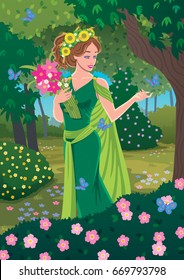 Greek goddess Demeter bringing spring in the forest. 