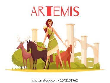 Greek goddess flat composition with cartoon characters of artemis holding bow and group of animals vector illustration