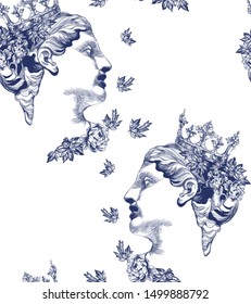 Greek goddess with flowers and butterfly.Vintage vector illustration. Seamless pattern
