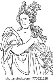 Greek Goddess in line style. Great template for coloring book page. Classicism. Ancient Greece. Myths and legends. Black and white vector artwork isolated.