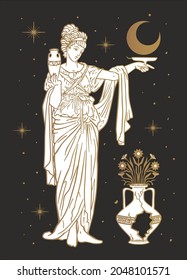 greek goddess with moon, mystical symbol, tarot cards