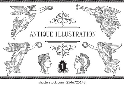 Ilustración antigua de la mitología de la diosa griega. Vector aislado Antiguo ángel. Dibujo de línea en blanco y negro 1