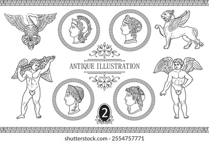 Greek goddess mythology antique illustration. Vector isolated Antique angel. Black and white line drawing 2