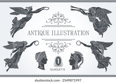 Ilustración de silueta antigua de la mitología de la diosa griega. Vector aislado Antiguo ángel. Dibujo de línea en blanco y negro 1