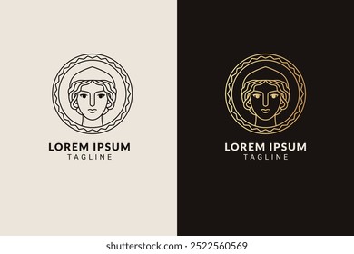 Retrato de la diosa griega dentro del concepto del logotipo de la moneda en estilo lineal. Plantilla de logotipo de Vector para empresas de marca en finanzas, bufetes de abogados, escuelas, educación y más