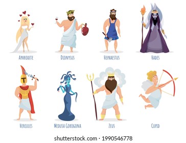 Greek gods. Aphrodite, Dionysus, Hephaestus, Hades, Hercules, Medusa Gorgon, Zeus, Cupid. Pantheon. Deities of Olympia. Greece. Cartoon style. Vector illustration of the ancient Greek gods.