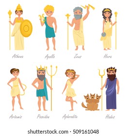 Greek gods. Artemis, Poseidon, Aphrodite, Hades, Hera, Apollo, Zeus, Athena. Vector illustration. Cartoon character. Isolated on white background. Flat. Set