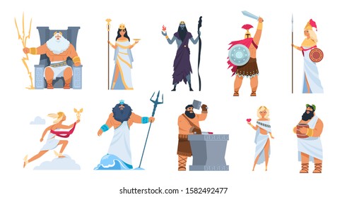 Greek gods. Cartoon ancient mythology characters, vector Zeus Ares a Poseidon gods and goddess isolated on white background. Cartoon image history character Greek culture collection