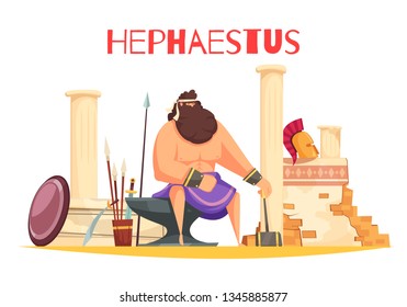 Greek gods cartoon composition with  powerful figurine of hephaestus sitting on anvil and holding hammer flat vector illustration