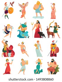 Greek gods cartoon icons set with zeus poseidon hera apollo aphrodite ares hades isolated on white background vector illustration