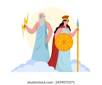 Greek gods concept. Man with lightning and woman with golde shield and spear. Ancient mythology and legend. Zeus and Afina. Cartoon flat vector illustration isolated on white background