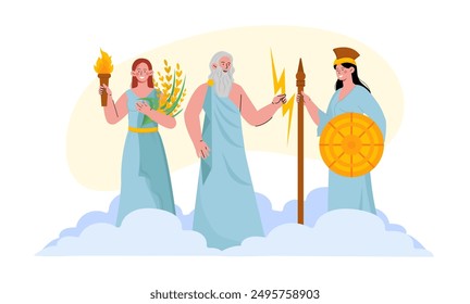 Griechische Götter Konzept. Zeus mit Blitz und Speer in Wolken in der Nähe von Frauen. In: Ancient Greek Mythology and Legends. Olympisches Pantheon. Flache Vektorillustration isoliert auf weißem Hintergrund