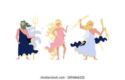 Greek Gods and Goddess with Zeus Holding Lightnings and Poseidon with Trident Vector Set