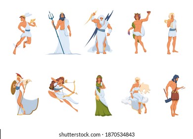 Greek gods and goddesses set. Athena, Hermes, Venus, Poseidon, Zeus, Dionysus, Artemis, Hephaestus, Demeter, Apollo. Vector illustration for ancient Greece, mythology, culture concept