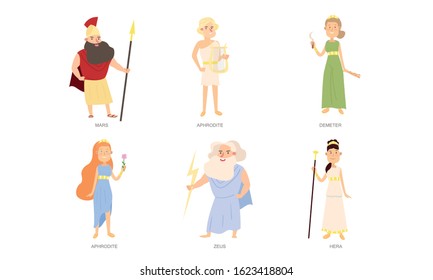 Greek gods and goddesses in special traditional costumes vector illustration