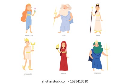 Greek gods and goddesses in special traditional costumes vector illustration