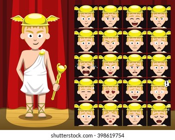 Greek Gods Hermes Costume Cartoon Emotion Faces Vector Illustration