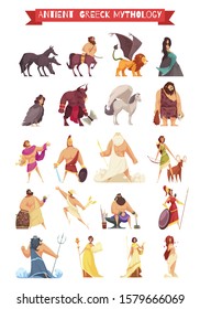 Greek gods heroes and mythical creatures cartoon set with zeus poseidon prometheus centaur griffon isolated vector illustration 