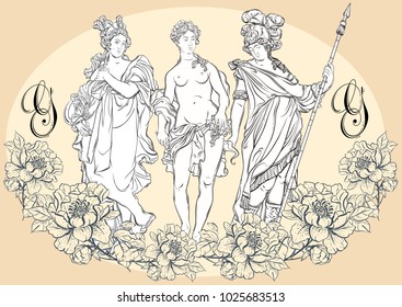 Greek Gods, the mythological heroes of ancient Greece. Hand-drawn beautiful vector artwork isolated. Classicism. Myths and legends. Great for avatars. Vintage tattoo art, prints, posters, cards.