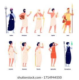 Greek gods. Mythology goddess collection. Cartoon olympians, zeus aphrodite dionysus. Isolated tale stylish characters vector illustration