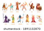 Greek gods pantheon. Mythological olympian gods, ancient Greece religion women and men characters with names collection, traditional elements personifications. Cartoon flat style vector isolated set