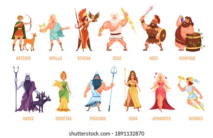 Greek gods pantheon. Mythological olympian gods, ancient Greece religion women and men characters with names collection, traditional elements personifications. Cartoon flat style vector isolated set