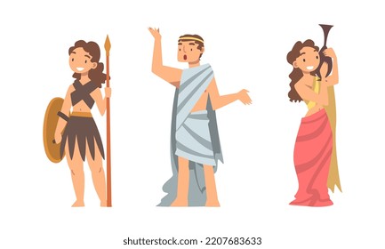 Greek gods set. Ancient Greek noble people and warrior in traditional clothes set cartoon vector illustration