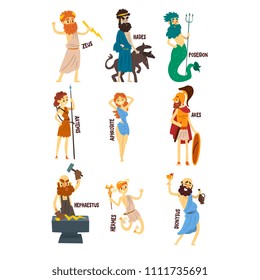 Greek Gods set, Dionysus, Hermes, Hephaestus,Zeus, Hades, Poseidon, Aphrodite, Artemis ancient Greece mythology characters character vector Illustrations