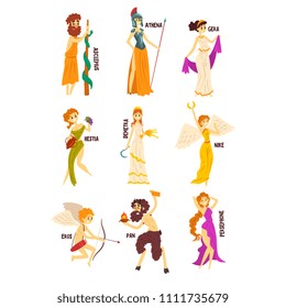 Greek Gods set, Persephone, Nike, Demetra, Hestia, Gera, Athena, Asclepius ancient Greece mythology characters character vector Illustrations on a white background