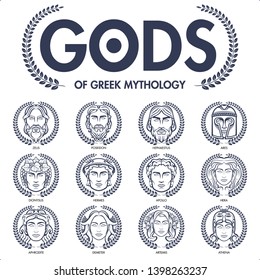 GREEK GODS Vector, 12 mythology male gods and female gods faces  in laurel wreath