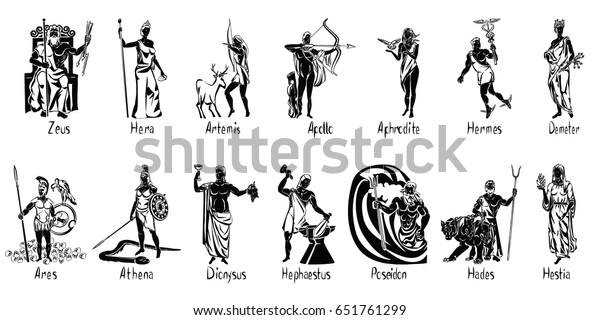 Greek gods vector illustration isolated on white\
background with captions. Aphrodite, Apollo, Ares, Athena, Artemis,\
Demeter, Dionysus, Hades, Hephaestus, Hestia, Hera, Hermes,\
Poseidon, Zeus