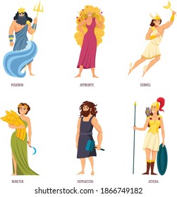 Greek gods vector illustration set of characters isolated on white background,Poseidon, Aphrodite, Demeter, Hephaestus, Hermes, Athena