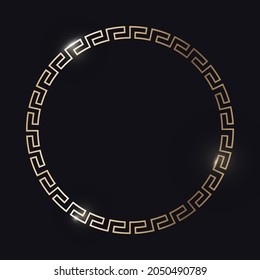 Greek gold frame. Circle meander border from a repeated motif - Greek fret or key design. Vector illustration on a black background.