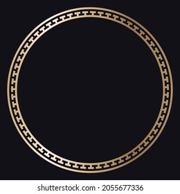 Greek gold frame. Circle meander border from a repeated motif - Greek fret or key design. Vector illustration on a black background.