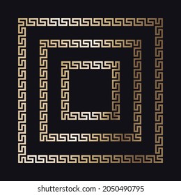 Greek gold frame. Square meander border from a repeated motif - Greek fret or key design. Vector illustration on a black background.