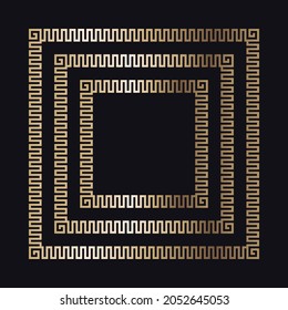 Greek gold frame. Square meander border from a repeated motif - Greek fret or key design. Vector illustration on a black background.