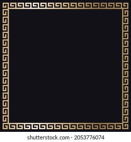 Greek gold frame. Square meander border from a repeated motif - Greek fret or key design. Vector illustration on a black background.