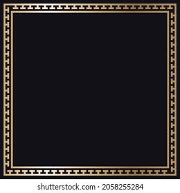 Greek gold frame. Square meander border from a repeated motif - Greek fret or key design. Vector illustration on a black background.