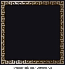 Greek gold frame. Square meander border from a repeated motif - Greek fret or key design. Vector illustration on a black background.