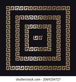 Greek gold frame. Square meander border from a repeated motif - Greek fret or key design. Vector illustration on a black background.