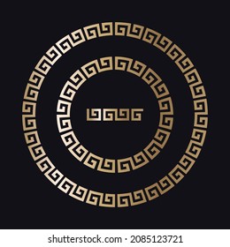 Greek gold frames. Circle meander borders from a repeated motif - Greek fret or key design. Vector illustration on a black background.