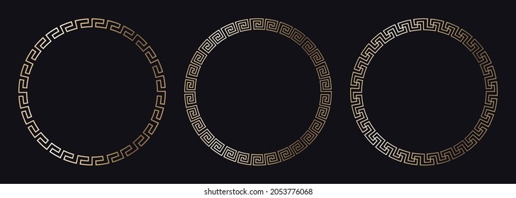 Greek Gold Frames. Set Of Circle Meander Borders From A Repeated Motif - Greek Fret Or Key Design. Vector Illustration On A Black Background.