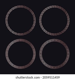 Greek gold frames. Set of circle meander borders from a repeated motif - Greek fret or key design. Vector illustration on a black background.