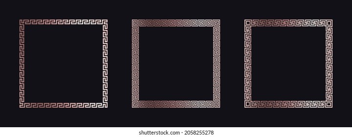 Griechische Goldrahmen. Quadratisch umgrenzt ein wiederholtes Motiv - griechischer Frat oder Schlüsseldesign. Vektorgrafik auf schwarzem Hintergrund.