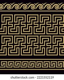 Greek gold pattern border - Grecian ornament frame, vector. Greek Key, Meander geometric ornamental borders. Luxury decorative designs on black background.