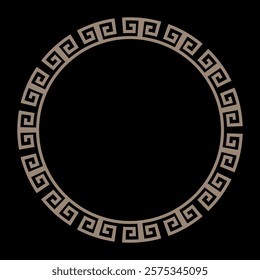 Greek gold round frame on black background. Gold Round frame with greek motifs. Circle frame. For card, textile, engraving, wooden carving, embroidery, porcelain. Vector illustration for your design