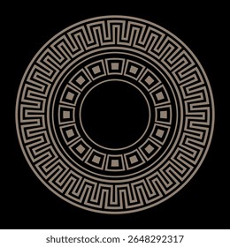 Ornamento redondo de ouro grego. Dourado sobre fundo preto. Padrão grego. Padrões da Grécia e da Roma Antiga. Circular a fronteira europeia. Motivos típicos egípcios, assírios e gregos. Para cerâmica, têxteis